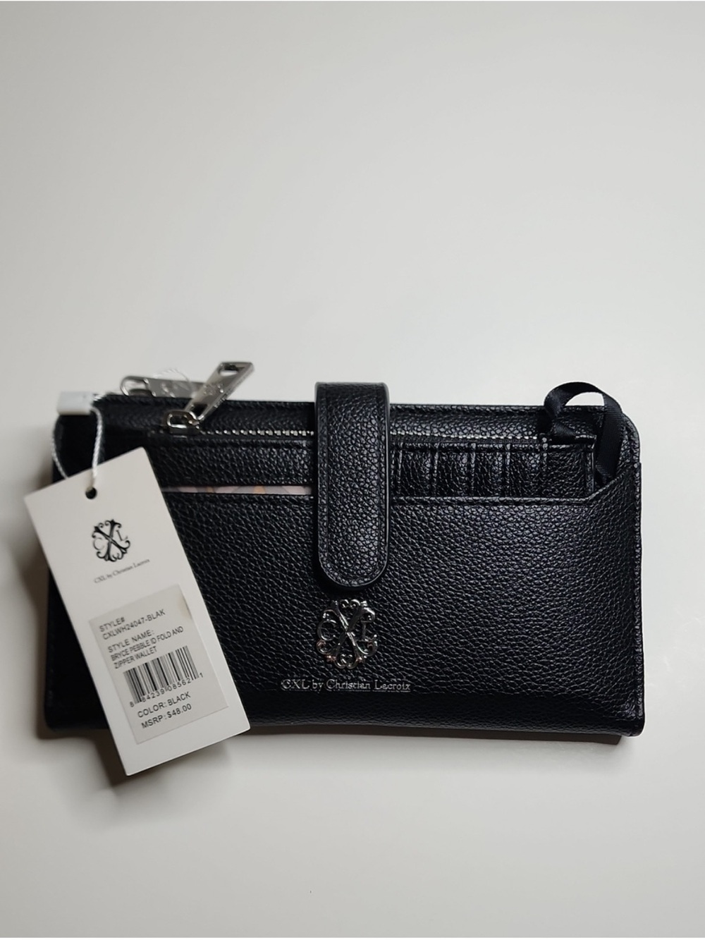 NWT CXL by Christian Lacroix Bryce Pebble ID Fold Zipper Wallet Black